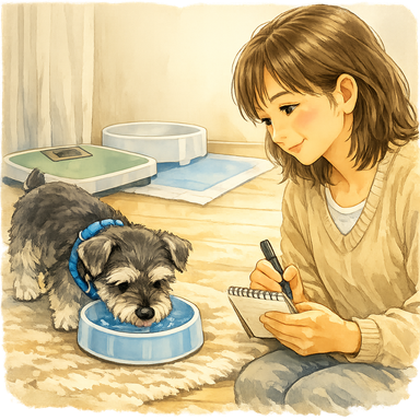 水を飲む小さなシュナウザーを、女性の飼い主がそっと見守りながらメモを取っている。背景に体重計とトイレシートが控えめに置かれた、日常観察のやさしいシーン