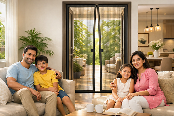 Modern Indian family relaxing in bright living room with magnetic mosquito net on main door, sunlight entering, clean premium home interior, happy family, realistic photography, ecommerce hero banner, luxury lifestyle, 4k