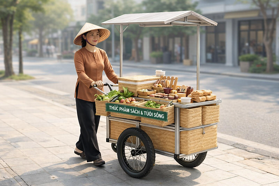 Minh hoạ nhỏ gọn và đẹp mắt về xe đẩy bán hàng của phụ nữ Việt Nam: giỏ mây tre, mái che nhỏ tinh tế, bánh lớn chắc chắn, bố cục hài hoà và sạch sẽ, phong cách hiện đại nhưng giữ nét truyền thống.