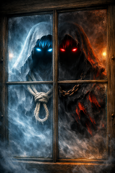 Fully spectral ghost split by tavern window mullion; glowing eyes visible through deep shadow; left half with blue glowing eyes and short blue hair combed over forehead, gray drifting cloak, frayed rope noose, misty and ethereal; right half with red glowing eyes and short red hair combed over forehead, black cloak with red tatters, old rusted chain noose, dark swirling mist; both halves floating behind foggy glass with strong spectral glow.
