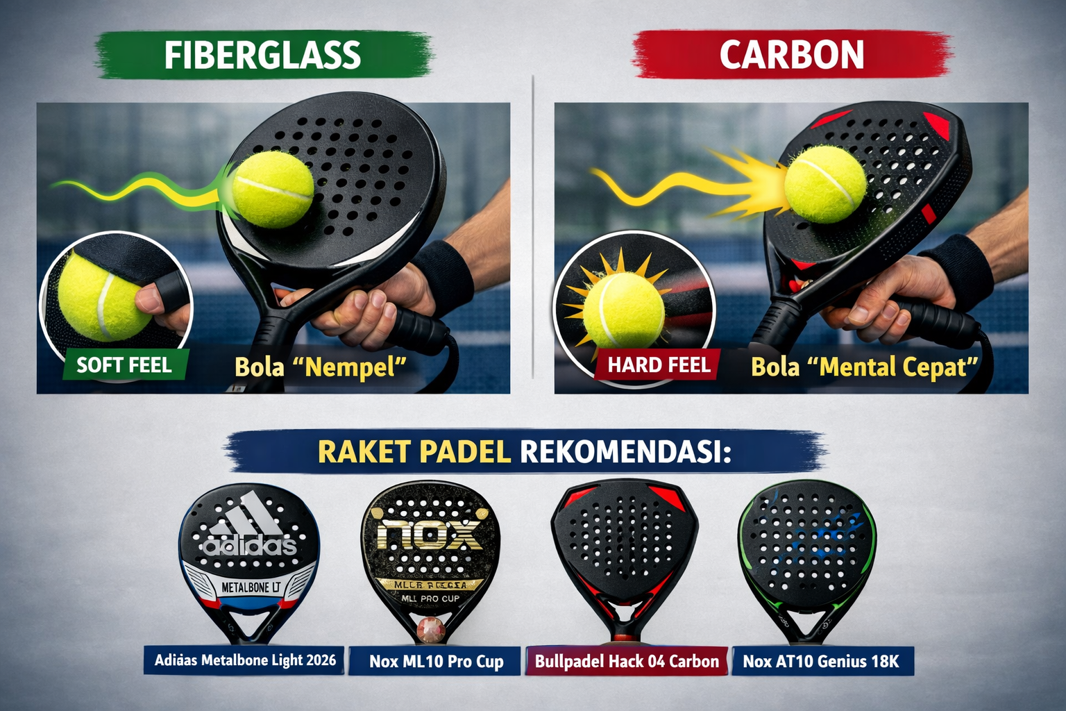 Perbedaan raket padel Fiberglass vs Carbon