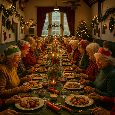 A festive Christmas meal in a decorated village hall, long tables filled with food, surrounded by women enjoying the celebration.