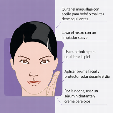 Recrear la misma imagen de rutina facial pero con los puntos traducidos al español: 1. Quitar el maquillaje con aceite para bebé o toallitas desmaquillantes. 2. Lavar el rostro con un limpiador suave. 3. Usar un tónico para equilibrar la piel. 4. Aplicar bruma facial y protector solar durante el día. 5. Por la noche, usar un sérum hidratante y crema para ojos.