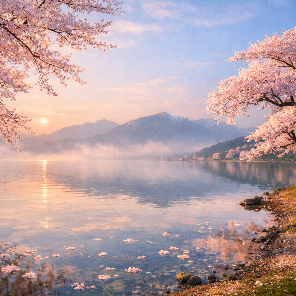 鳥居のない琵琶湖桜朝景