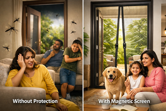 Split-screen comparison: left side mosquitoes entering open door with uncomfortable family, right side magnetic mosquito net installed with fresh airflow and mosquito-free home, premium ecommerce advertising image, realistic photography, high contrast, 4k, Shopify product page style