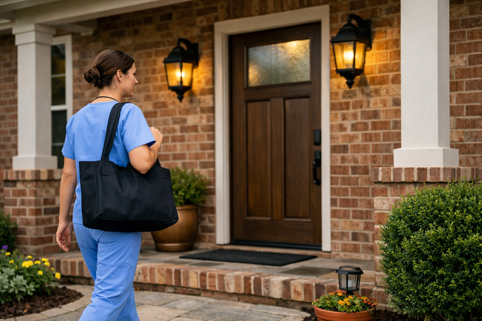 Nurse approaching brick home from right side