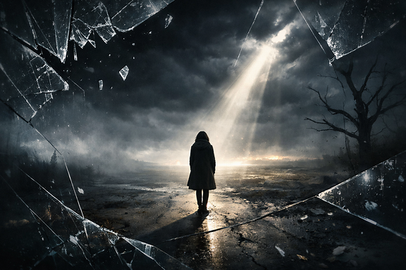 Sensazione di un lutto improvviso, rappresentata in modo simbolico e creativo: una figura sola in un paesaggio sospeso tra luce e vuoto, con elementi di vetro infranto e ombre che tagliano la scena.