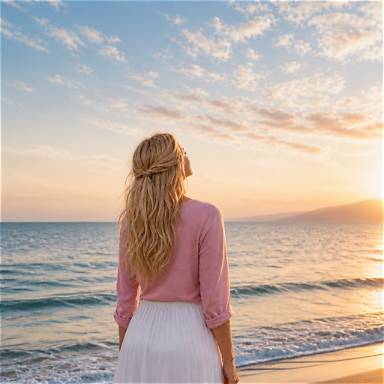 Blonde woman by ocean looking up