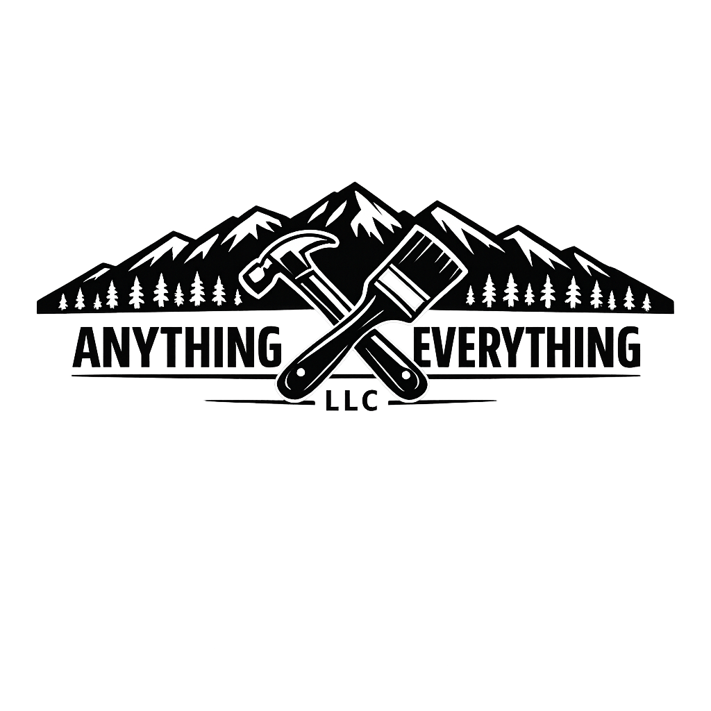 Black and white minimalist logo for Anything & Everything LLC with the mountain base starting directly at the top of the letters, visible evergreen trees, and the hammer and paintbrush forming an angled X in a ski-lift style