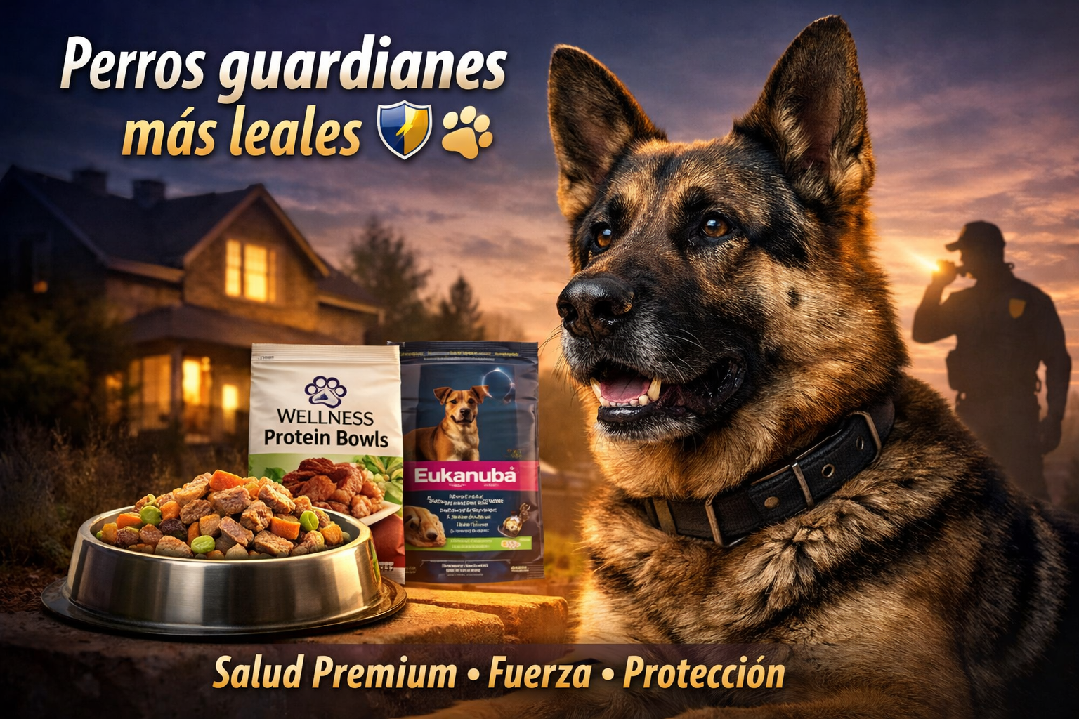 Perro guardián leal con alimento premium