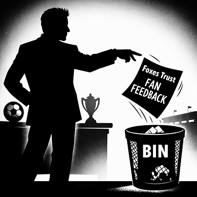 Silhouette figure tossing document labelled 'Foxes Trust Fan Feedback' into bin