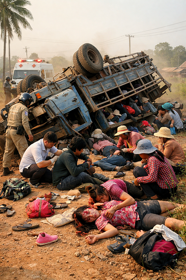 27 injured as truck transporting workers in Cambodia overturns