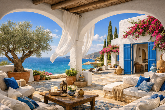 Maison grecque authentique au bord de la mer Égée, murs chaulés, volets bleus, oliviers et bougainvilliers