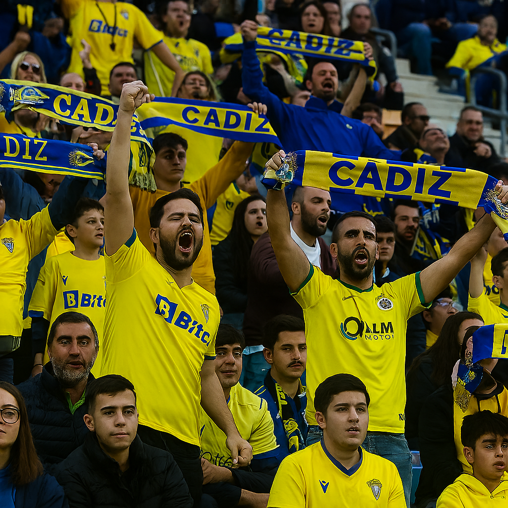 Fotografía ilustrativa de la afición del Cádiz CF en el estadio Nuevo Mirandilla durante un partido. Las gradas están llenas de seguidores vestidos de amarillo, con bufandas, camisetas y banderas del equipo. El ambiente es festivo, con cánticos, brazos alzados y expresiones de entusiasmo. En el fondo se ven pancartas con mensajes de apoyo y el cielo despejado sobre el estadio.