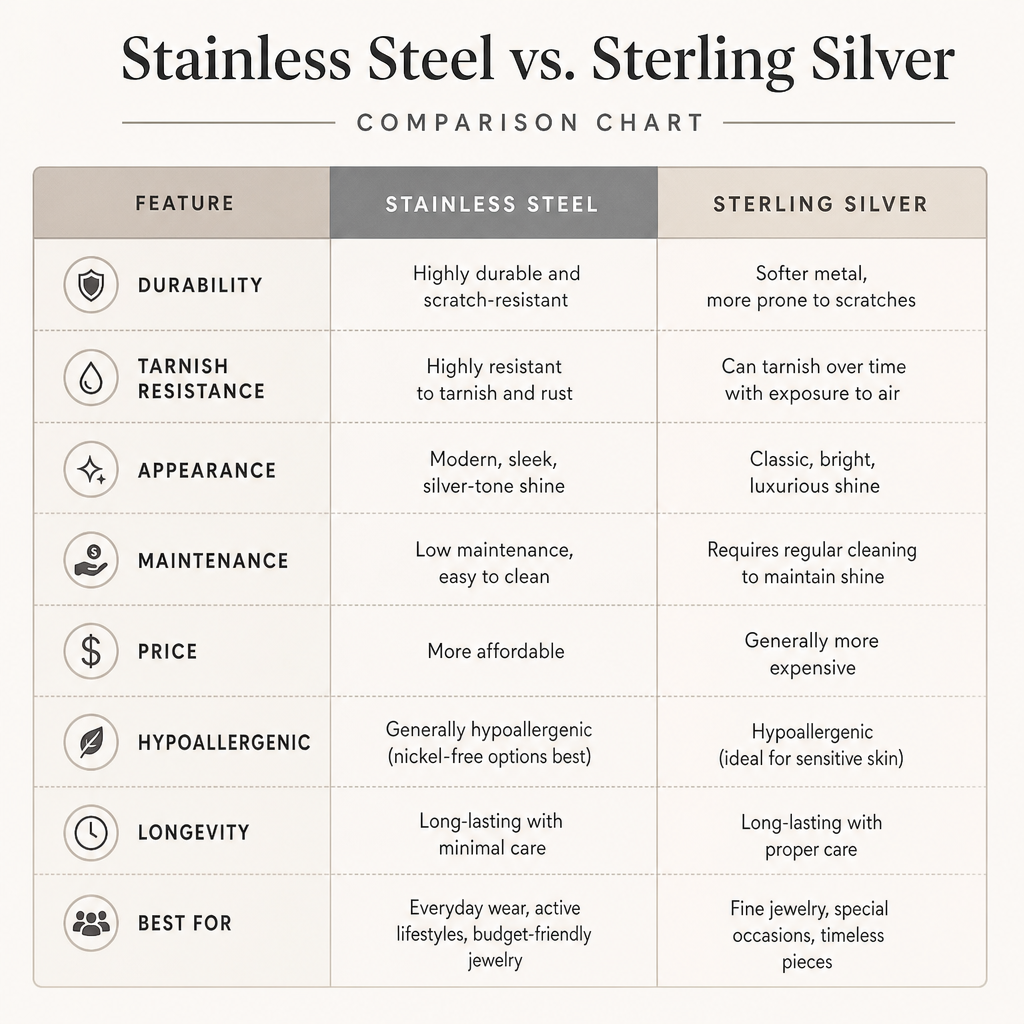Stainless steel vs sterling silver chart