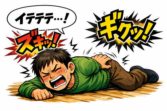 床に倒れ腰を押さえて「イテテテ…！」と叫ぶ男性、背景に「ズキッ！」「ギクッ！」が飛び交う一コマ漫画
