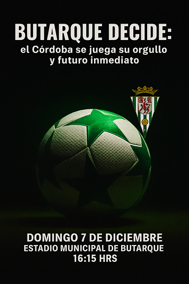 Portada solemne para artículo deportivo: estadio iluminado al atardecer, césped verde intenso, balón en primer plano con destellos en verde y blanco representando al Córdoba CF, ambiente épico y sobrio.