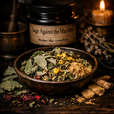 herbs in a bowl for Sage Against the Machine tea blend dark moody apothecary aesthetic