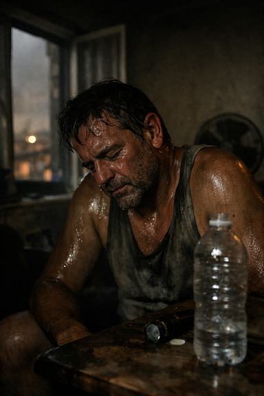 Uomo che suda come una spugna al buio durante blackout senza acqua realismo crudo reportage