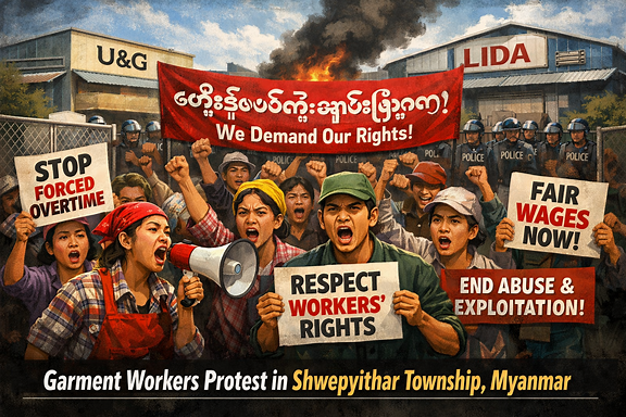 Protests are taking place at U&G and LIDA Myanmar garment factories in Shwepyithar Township over alleged violations of workers' rights