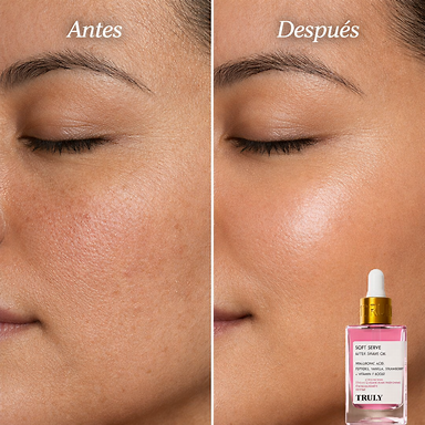 Antes y después lado a lado de piel de tono medio mostrando efecto de un aceite after shave TRULY. Composición dividida verticalmente: lado izquierdo etiquetado "Antes" con piel con sequedad visible, textura irregular y enrojecimiento leve; lado derecho etiquetado "Después" con piel visiblemente más hidratada, textura suavizada y brillo saludable, sin exageraciones ni promesas médicas. Mantener aspecto realista y natural; iluminación suave y uniforme; fondo neutro y limpio; incluir el frasco de TRULY (frasco rectangular con líquido rosa y gotero dorado) en la esquina inferior derecha, pequeño y nítido; tipografía clara y discreta para las etiquetas "Antes" y "Después"; formato cuadrado 1080x1080; estilo fotográfico de belleza profesional.
