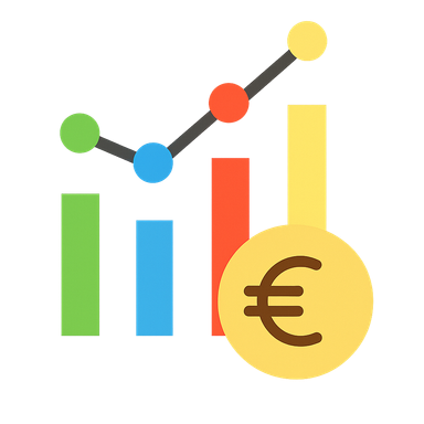 A simplified icon version of a financial data visualization: four vertical bars in green, blue, red, and yellow with a minimal line graph above them, and a gold euro coin in the foreground. Flat design, clean lines, suitable for embedding in a WordPress article.