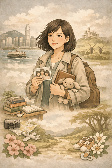 solo figure Hong Kong girl wandering world motherhood journey vertical graphic
