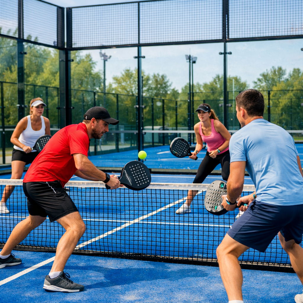 Permainan padel 2 vs 2 di lapangan biru
