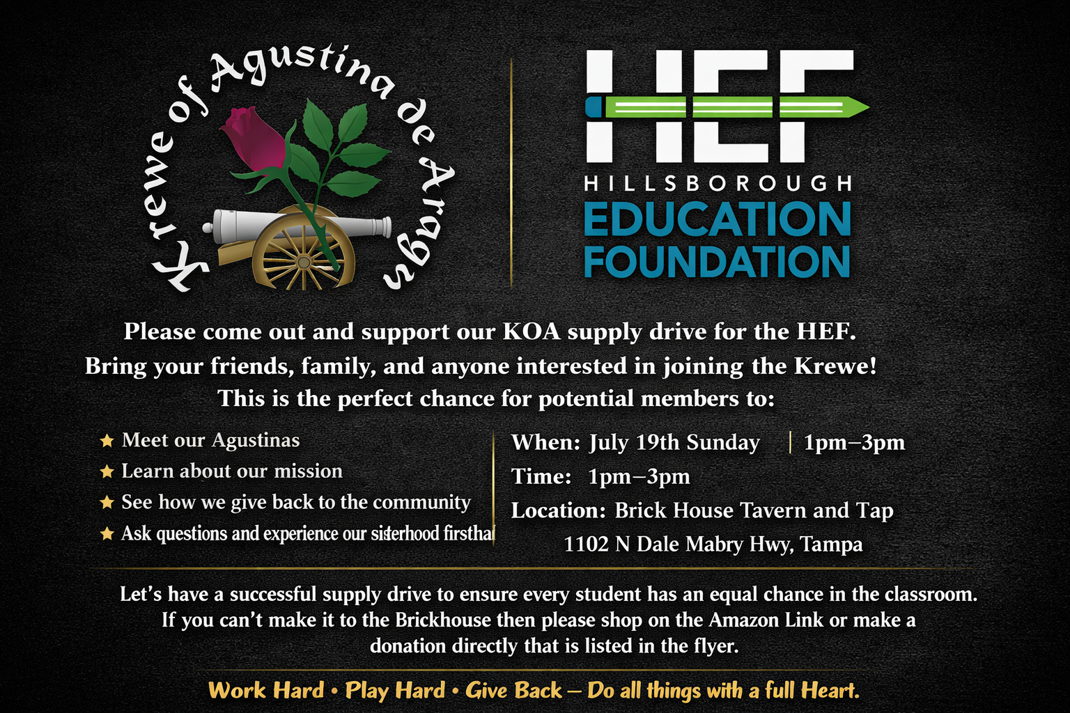 KOA and HEF supply drive flyer with corrected centered bottom text, textured black background, KOA logo left, HEF logo right, all white sans serif text, gold motto, balanced layout