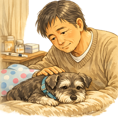 糖尿病と診断されたシニア犬をやさしく見守る飼い主のイラスト