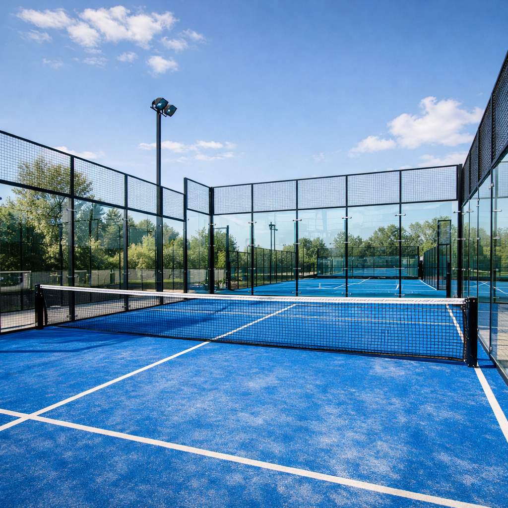 Ilustrasi lapangan padel dengan dinding kaca