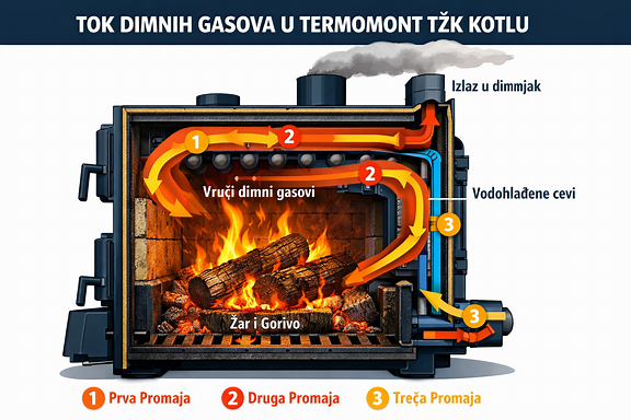 Grafički prikaz toka dimnih gasova u Termomont TŽK kotlu