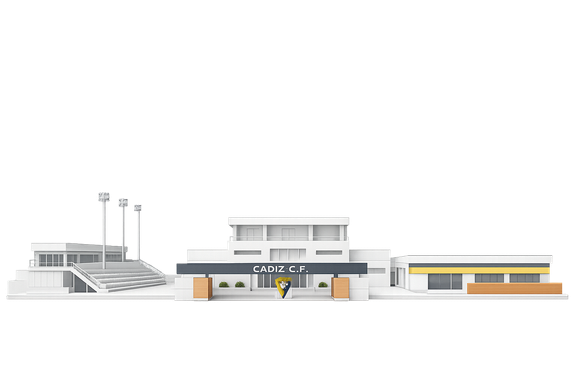 Maqueta arquitectónica 3D de la Ciudad Deportiva del Cádiz CF, estilo maqueta limpia, sin fondo, solo estructura de edificios y entrada principal