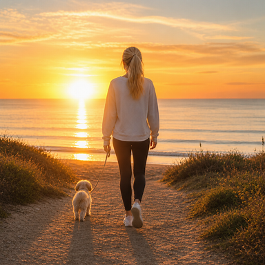 Blonde woman walking toward ocean sunrise