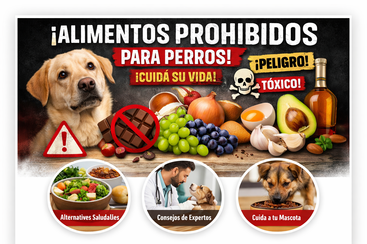 Alimentos prohibidos para perros: chocolate, uvas, cebolla, aguacate