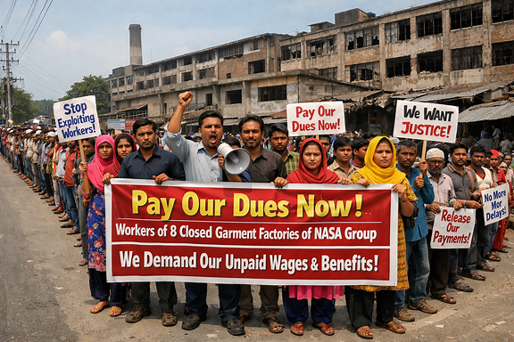 Human chain formed by workers of 8 closed garment factories of NASSA Group demanding their dues