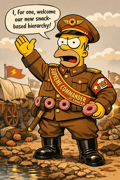 Cartoon Homer Simpson in humorous vintage militia parody uniform
