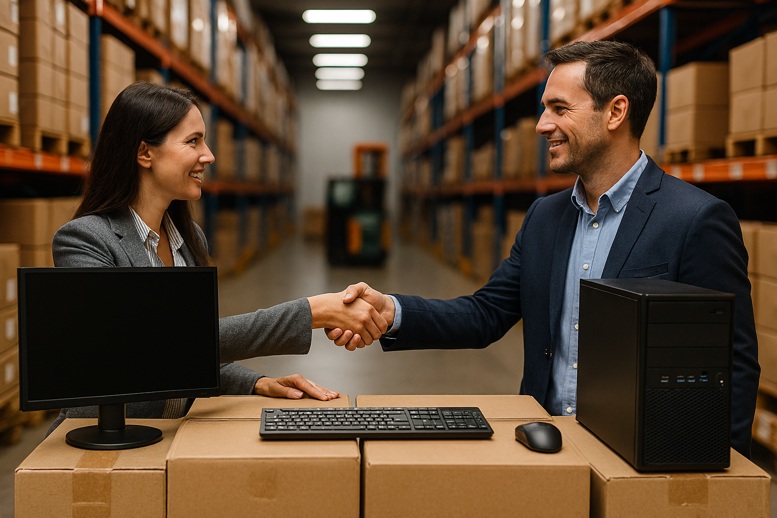 Realistický obrázek moderního velkoobchodního skladu s IT technikou: palety s krabicemi, monitory, notebooky, tiskárny, regály s komponenty, čisté a profesionální prostředí, světlo z horních oken, realistický styl fotografie.