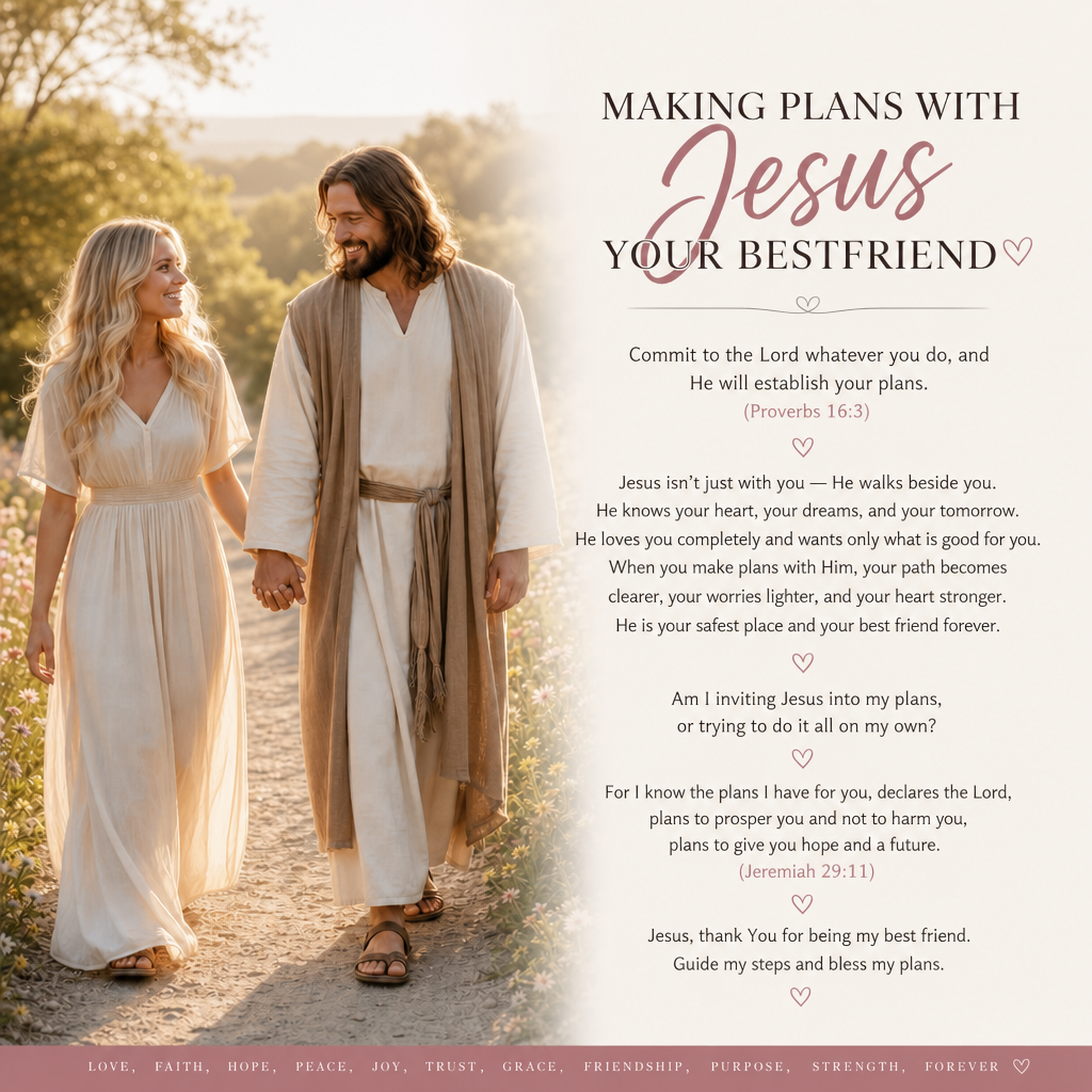 Blonde woman walking hand in hand with Jesus